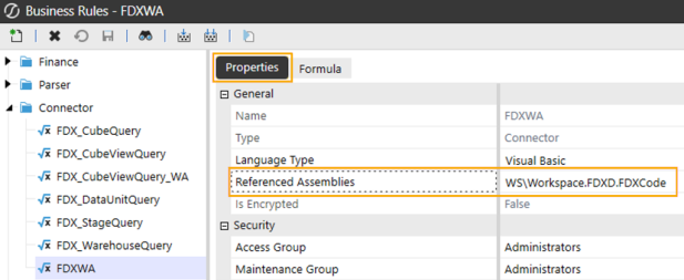 The Business Rule properties tab displays. The Reference Assemblies field entry is WS\Workspace.FDXD.FDXCode